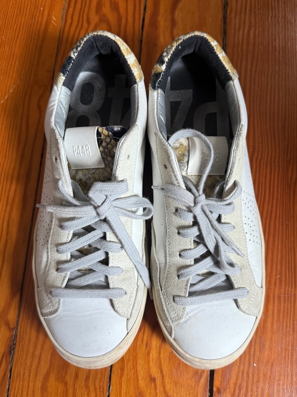 P448 White Leather Sneakers with Gray Suede and Snake-Print